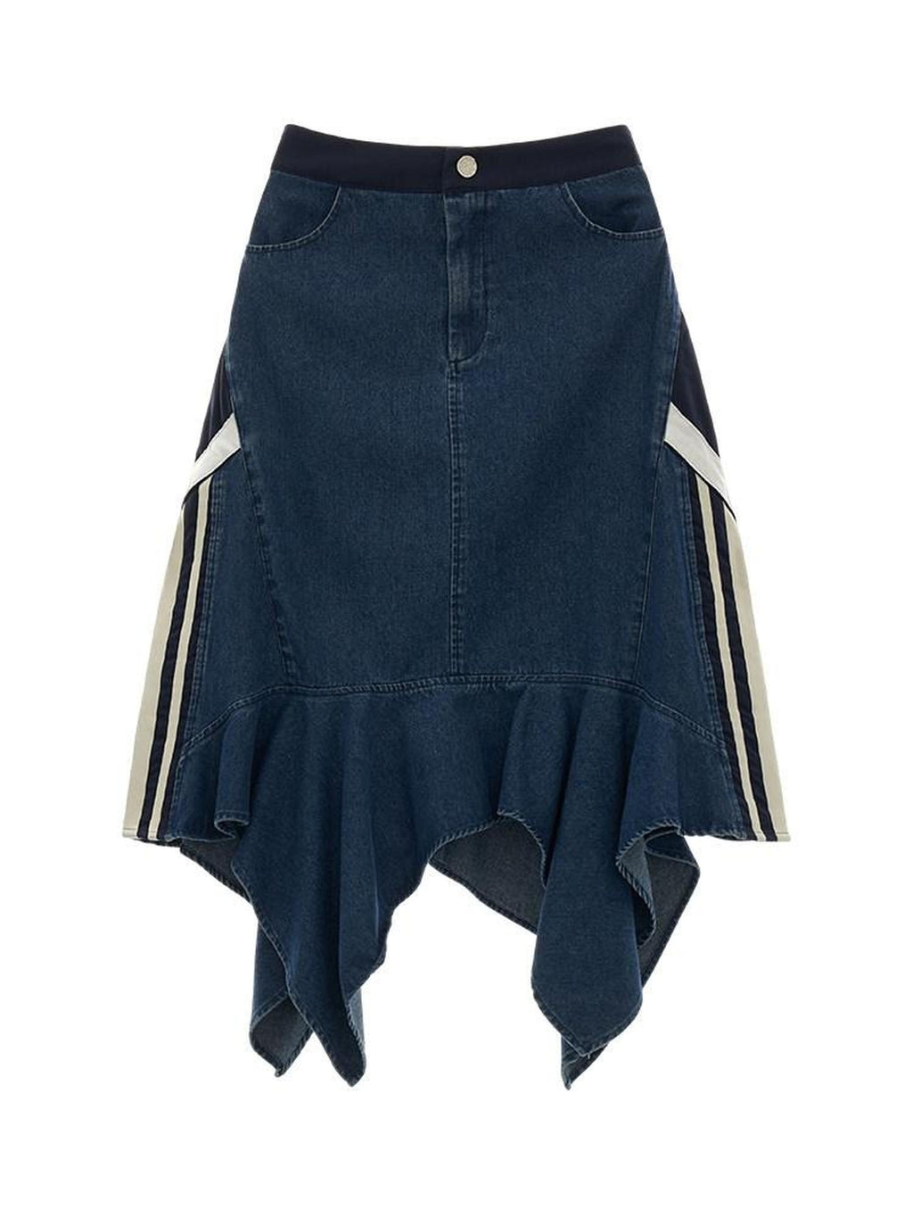 MAMC Soft Cotton Blend Asymmetric Mid Waist Office Minimalist Blue Midi Skirts