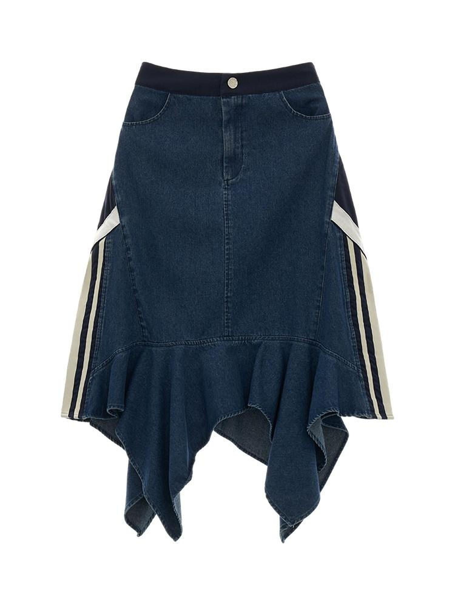 MAMC Soft Cotton Blend Asymmetric Mid Waist Office Minimalist Blue Midi Skirts