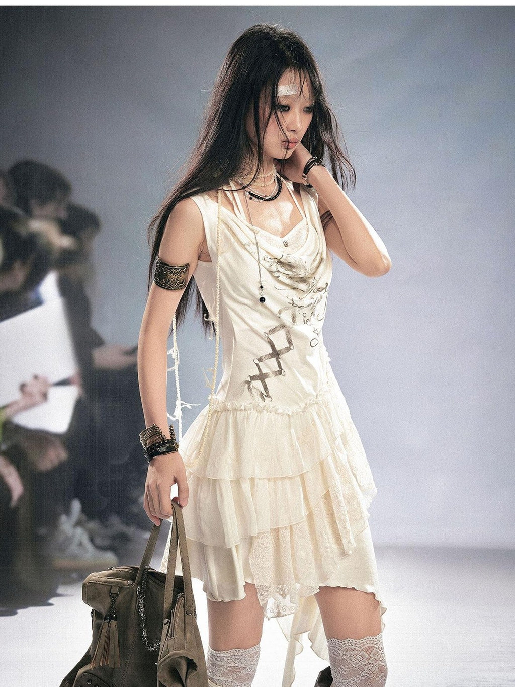 Cest Nous Breathable Lyocell Slim Fit Sleeveless Collared Irregular Hem Beige Mididresses