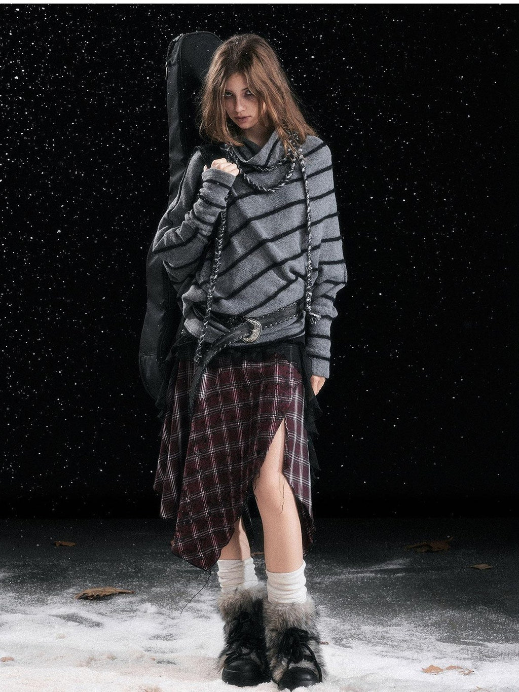 Cest Nous Cozy Thick Street Oversized Batwing Turtleneck Tie Front Women Striped Sweaters