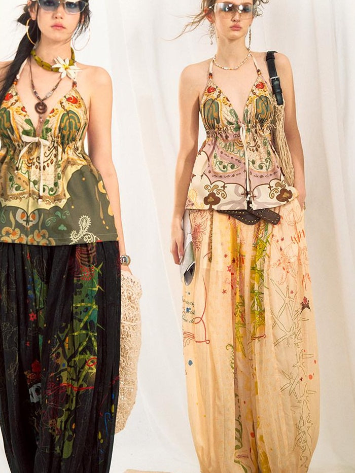 OfAkiva Dark Gothic Floral Embroidered Lantern Natural Waist Casual Women Wide Leg Pants