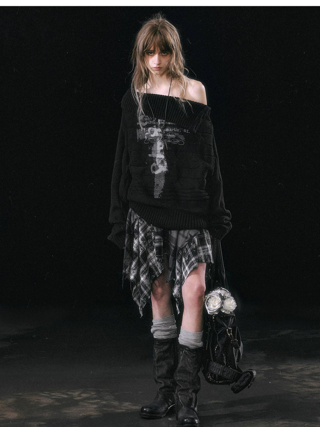 Cest Nous Patchwork Asymmetrical Punk Plaid A Line Mid Waist Women Cotton Midiskirts