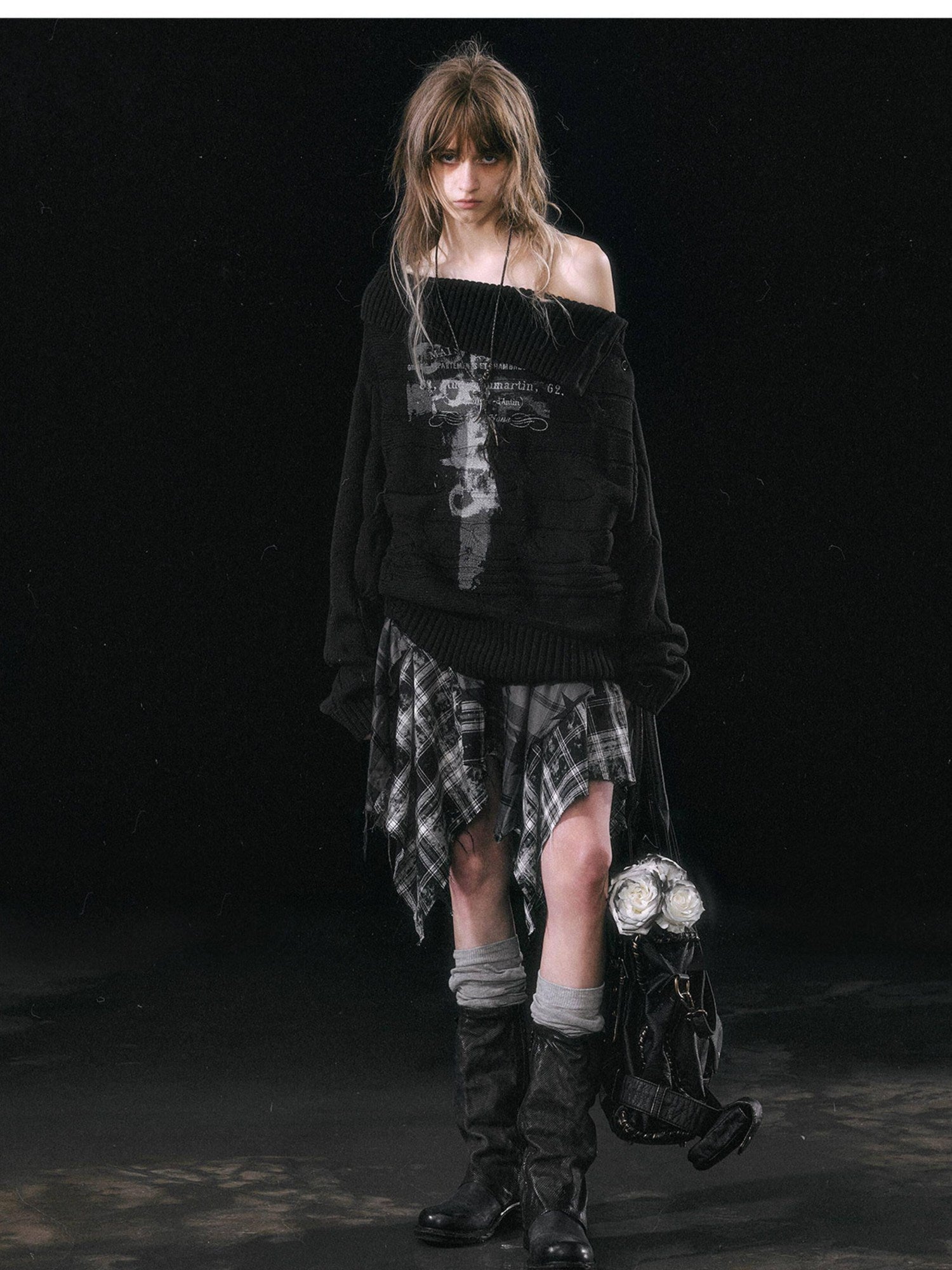 Cest Nous Patchwork Asymmetrical Punk Plaid A Line Mid Waist Women Cotton Midiskirts