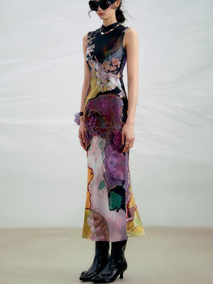 OfAkiva High Waist Floral New Chinese Style A Line Qipao Womens Tricolor Maxi Dresses