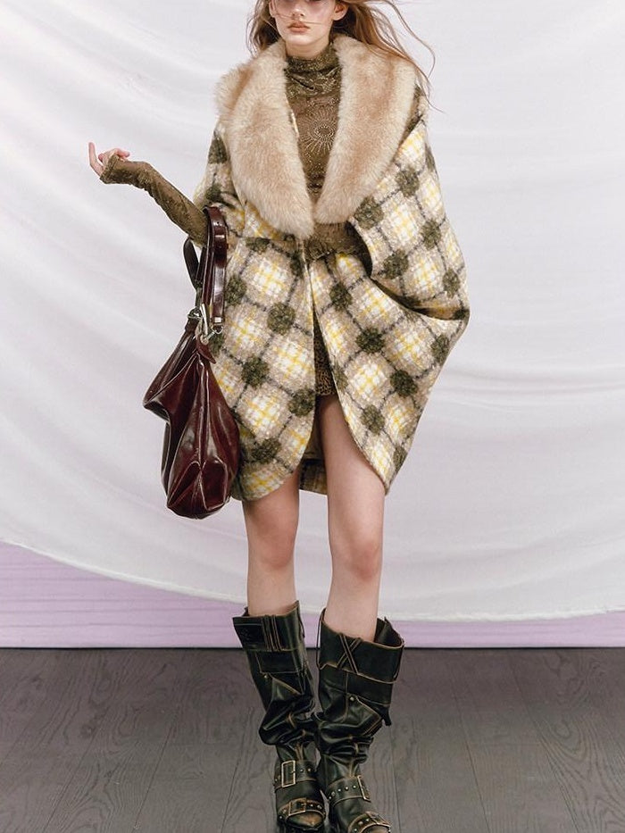 OfAkiva Cozy Thick Vintage Cape Silhouette V-neck Mid Length Plaid Women Jackets