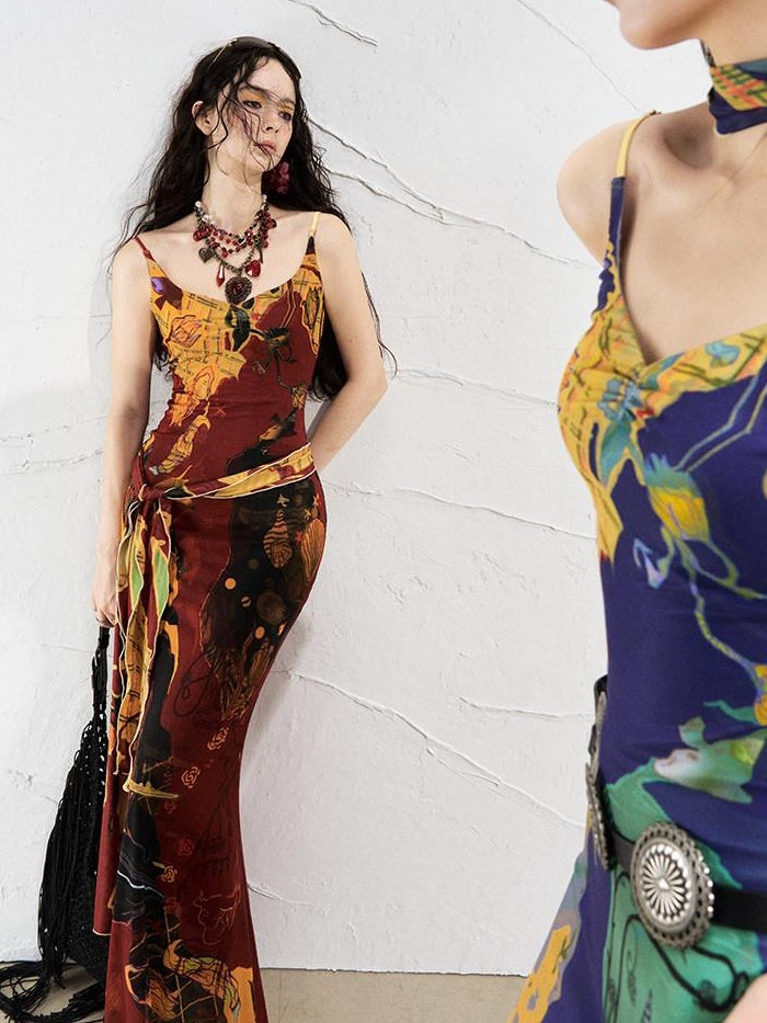 OfAkiva Sexy High Waist Square Neck Strappy Printed Stretch Polyester Maxi Dresses
