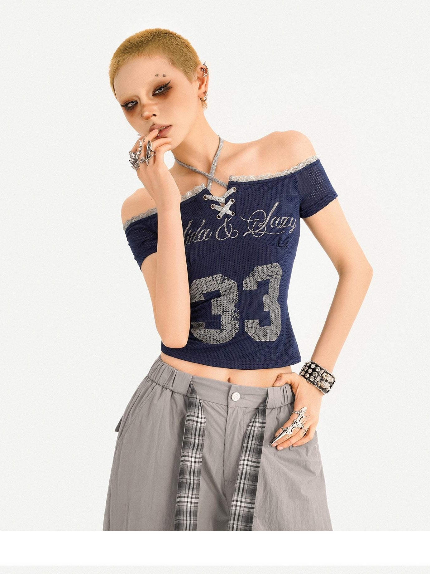 Nico Molly Sexy Slim Tie Front Women Letter Number Print Grey Off Shoulder Crop Tops