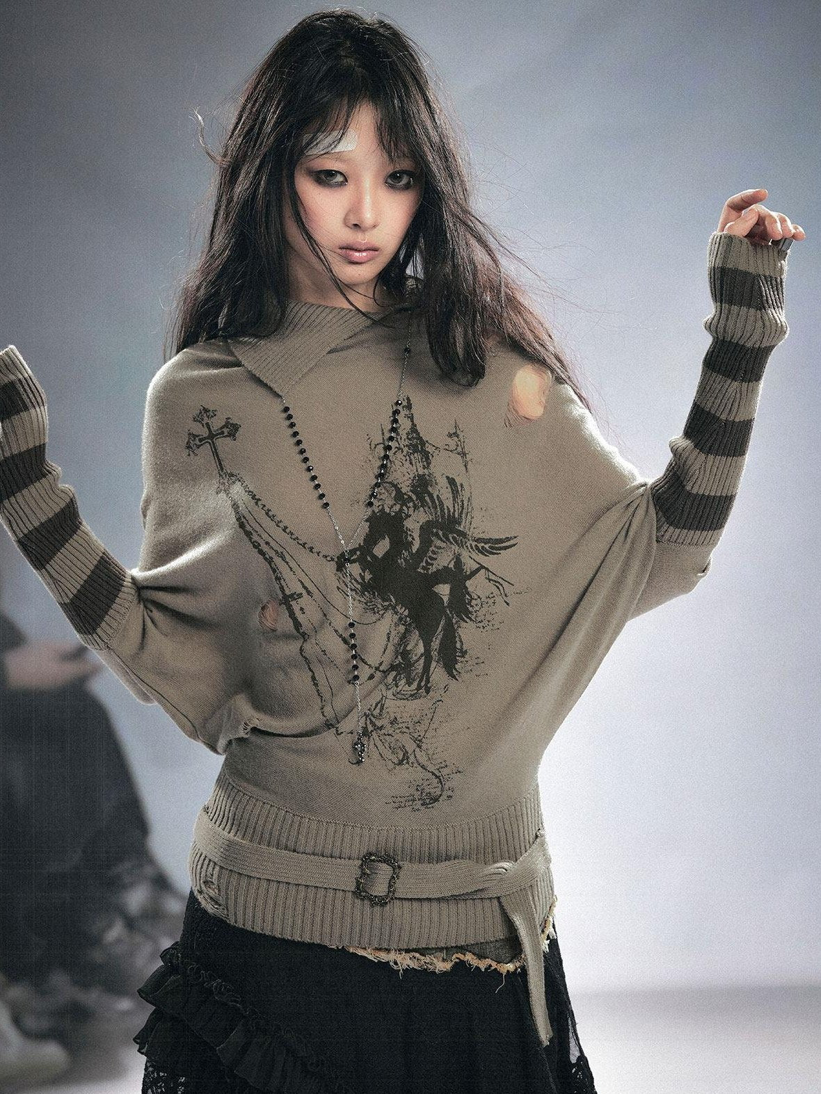 Cest Nous Cozy Wool Blend Punk Batwing Sleeve Regular Fit Women Striped Character Knitwear