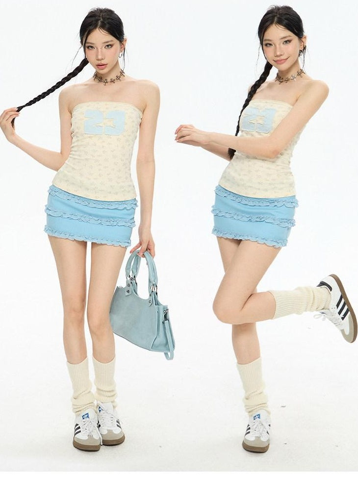 ZERO Low Waist Lettuce Hem Sporty A Line Polyester Builtin Shorts Mini Skirts