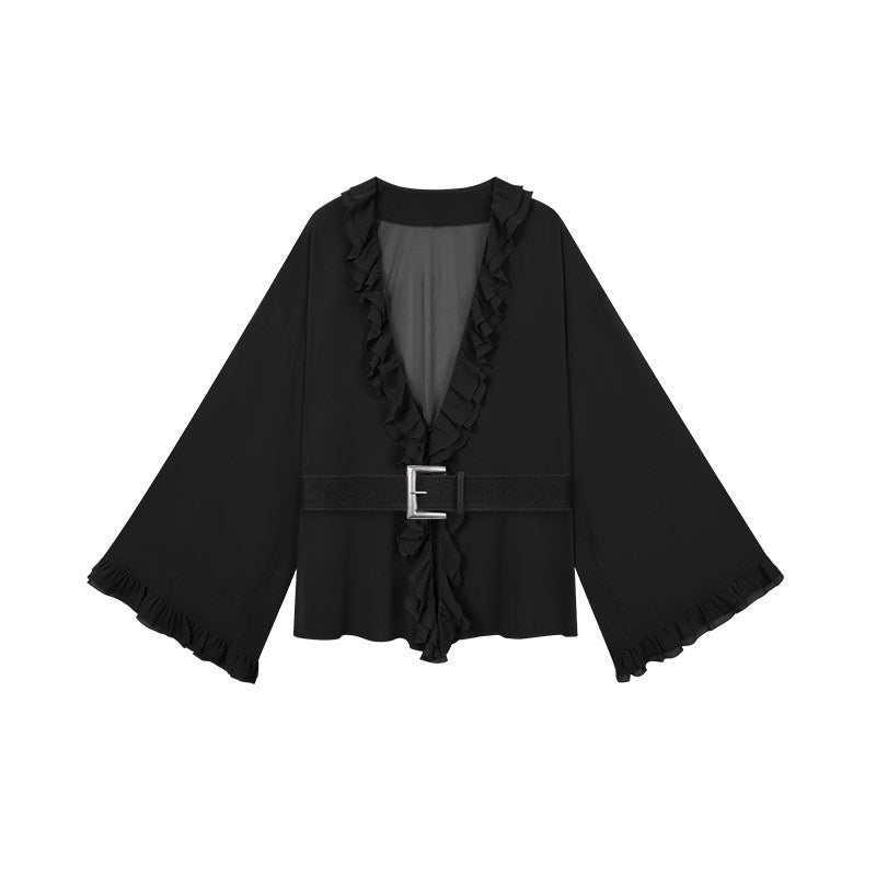 ZERO_Chiffon_Ruffle_V-neck_Loose_Street_Sporty_Long_Sleeve_Black_Brown_Women_Blouses_MISSTT