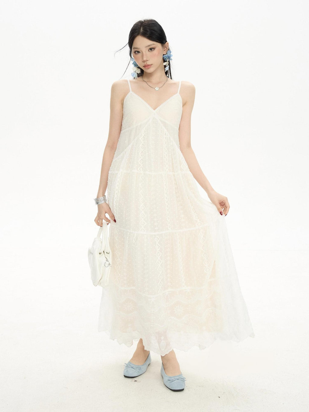 ZERO Sweet Spaghetti Strap V-neck Panel A Line Casual Polyester Maxi Dresses