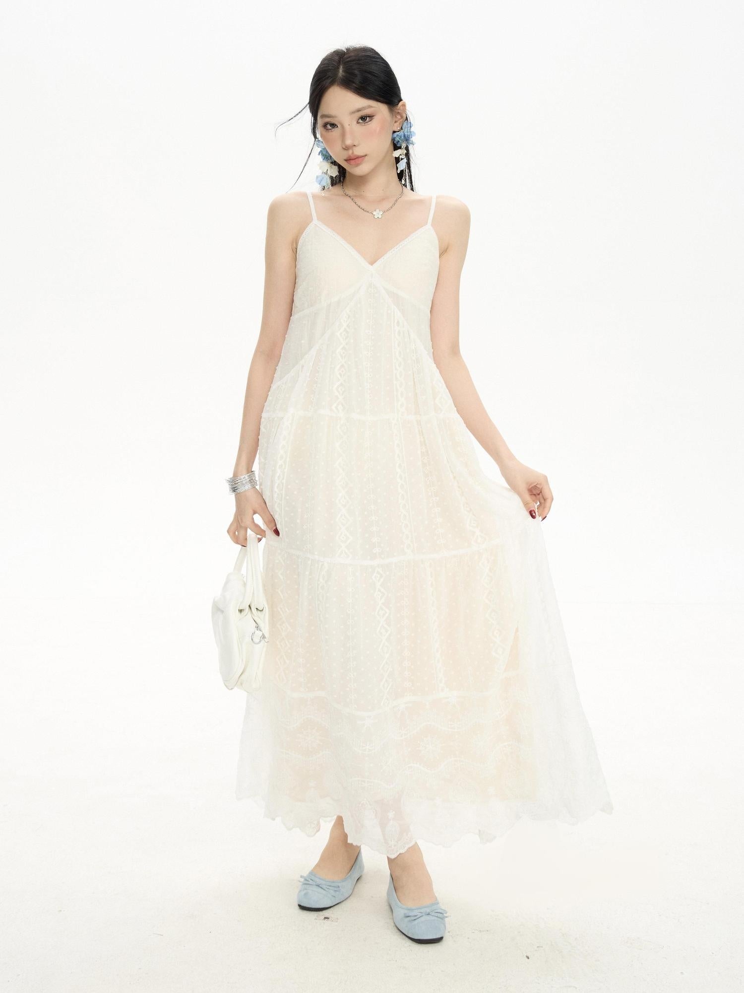 ZERO Sweet Spaghetti Strap V-neck Panel A Line Casual Polyester Maxi Dresses