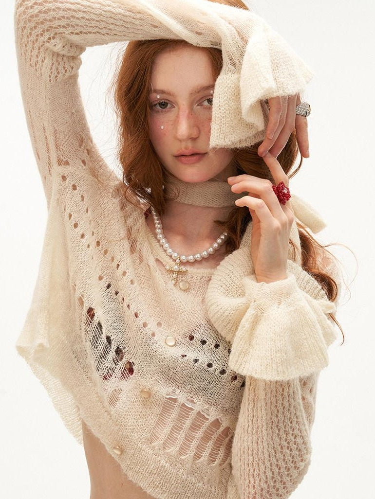 MAMC Wool Blend Hollow Knit Casual V-neck Short Button Two Piece Women Cardigans
