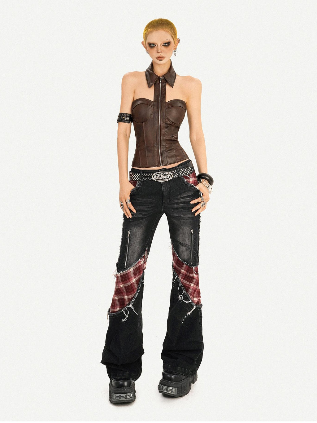 Nico Molly Pu Faux Leather Padded Zipper Crop Sexy Halter Collar Slim Women Camisoles