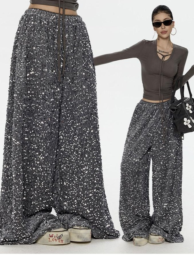 ZERO Sequin Casual Natural Waist Women Gray Polyester Stretch Wide Leg Pants