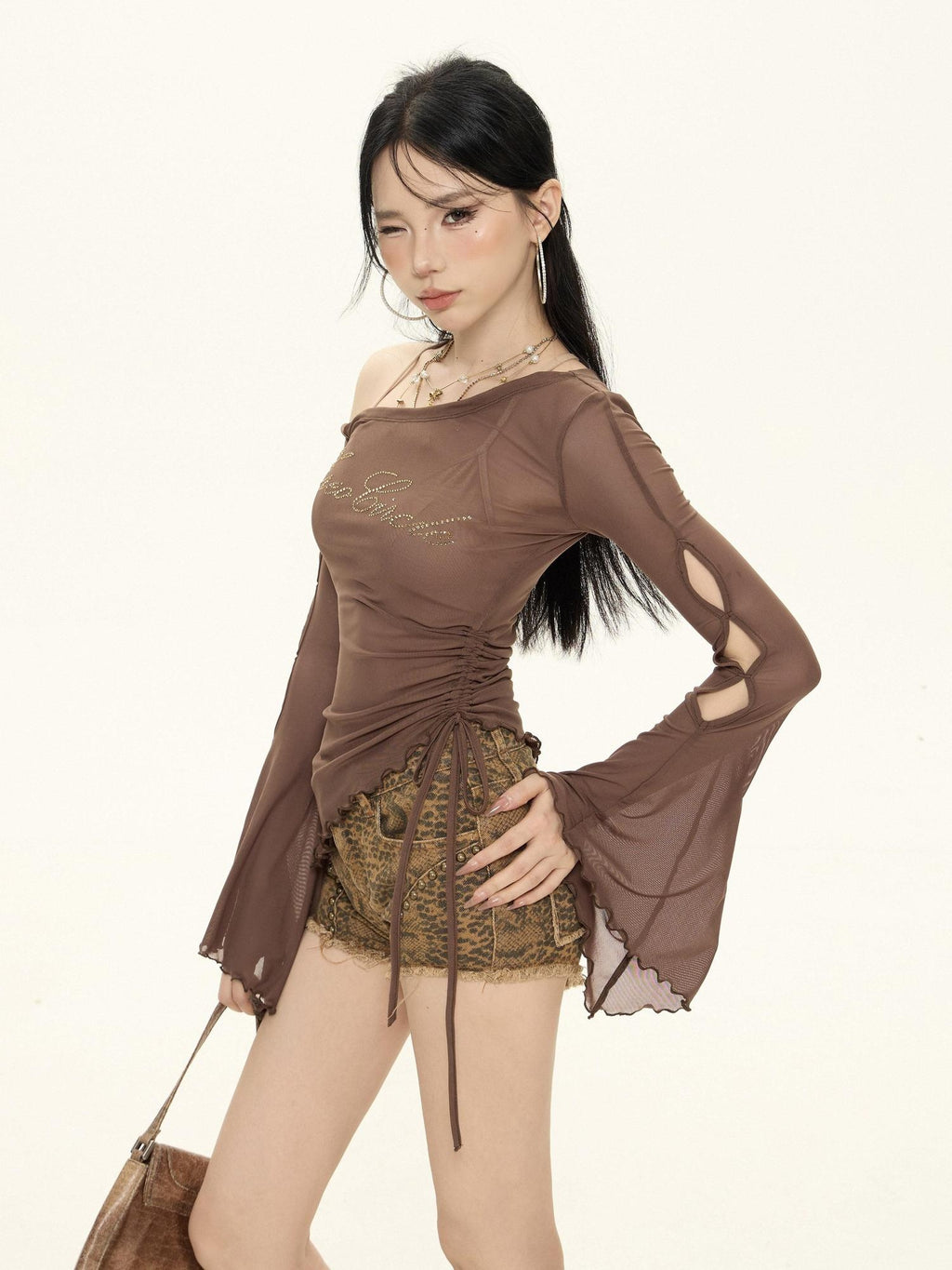 ZERO Rhinestone Nylon Mesh Asymmetrical Neck Slim Street Long Sleeve Crop Tops