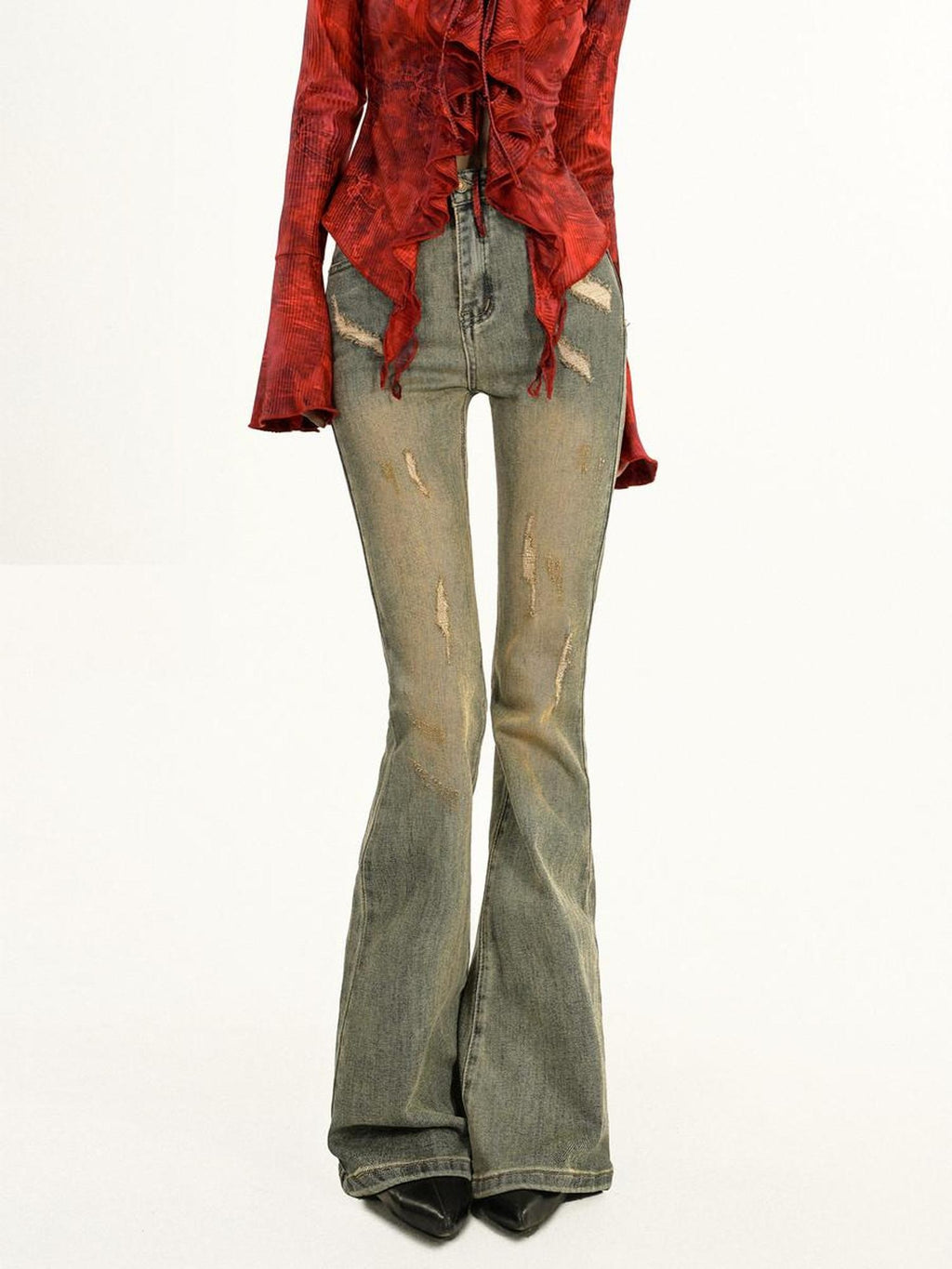 Nico Molly High Waist Retro Blue Distressed Slim Grunge Stretch Flared Jeans