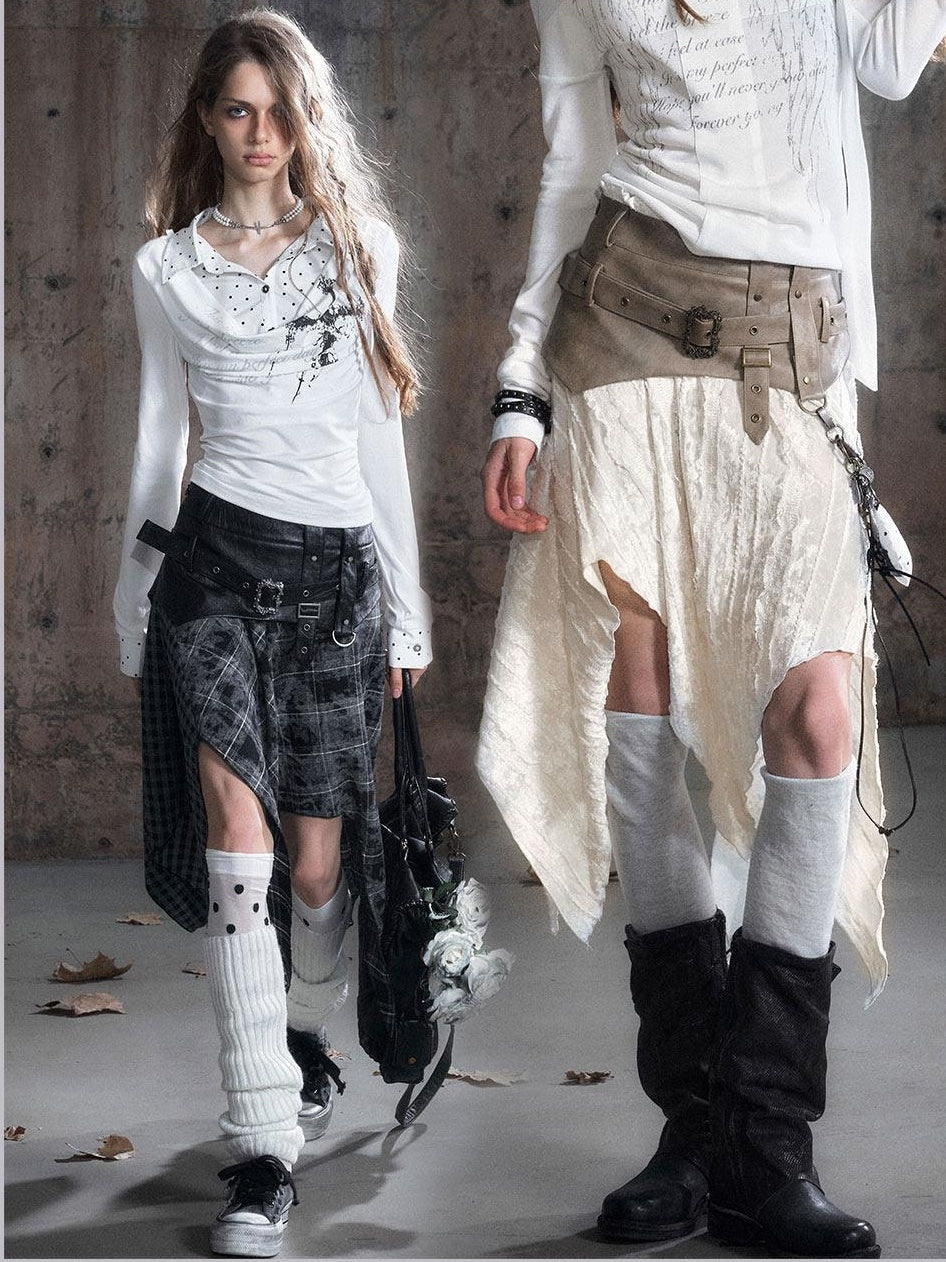 Cest Nous Pu Patchwork Punk Asymmetric Low Waist Youth Daily Wear Cotton Blend Midiskirts