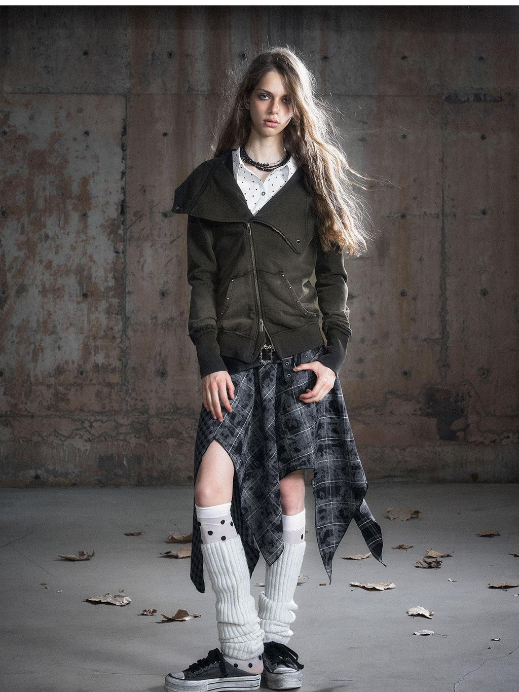 Cest Nous Pu Patchwork Punk Asymmetric Low Waist Youth Daily Wear Cotton Blend Midiskirts