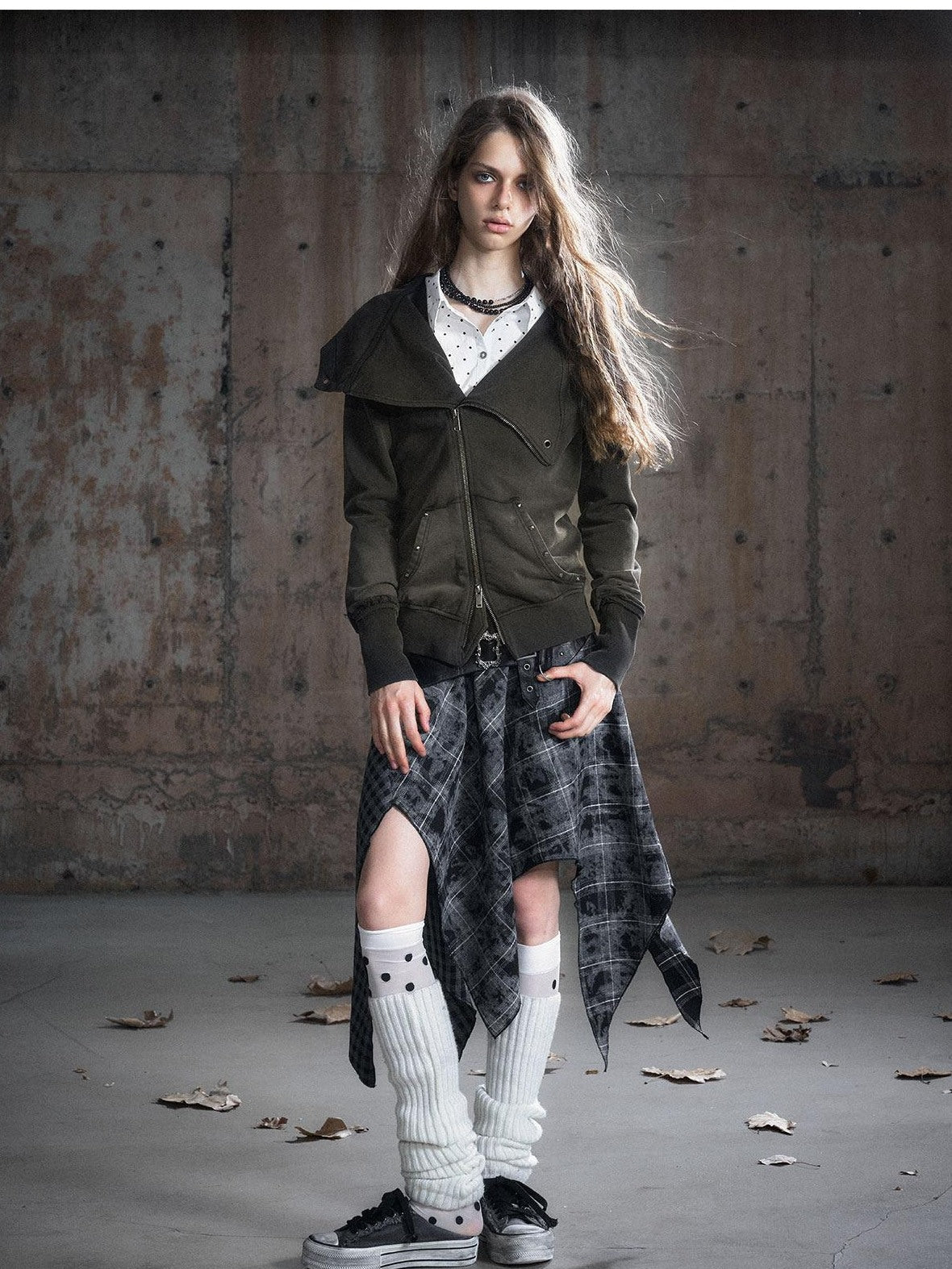 Cest Nous Pu Patchwork Punk Asymmetric Low Waist Youth Daily Wear Cotton Blend Midiskirts