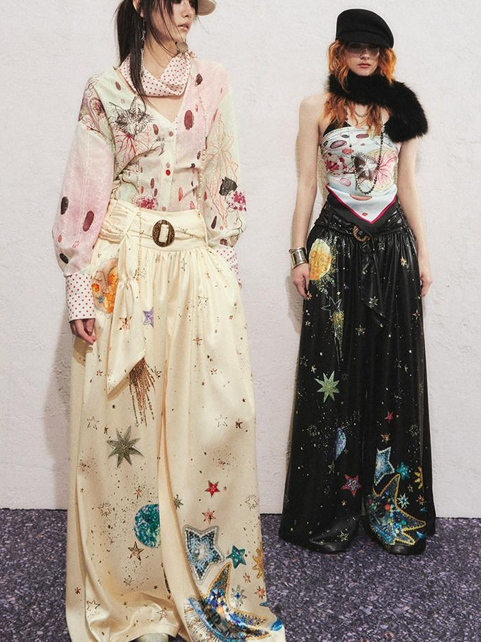 OfAkiva High Waist Starry Galaxy Print Casual Pockets Elastic Waist Women Wide Leg Pants
