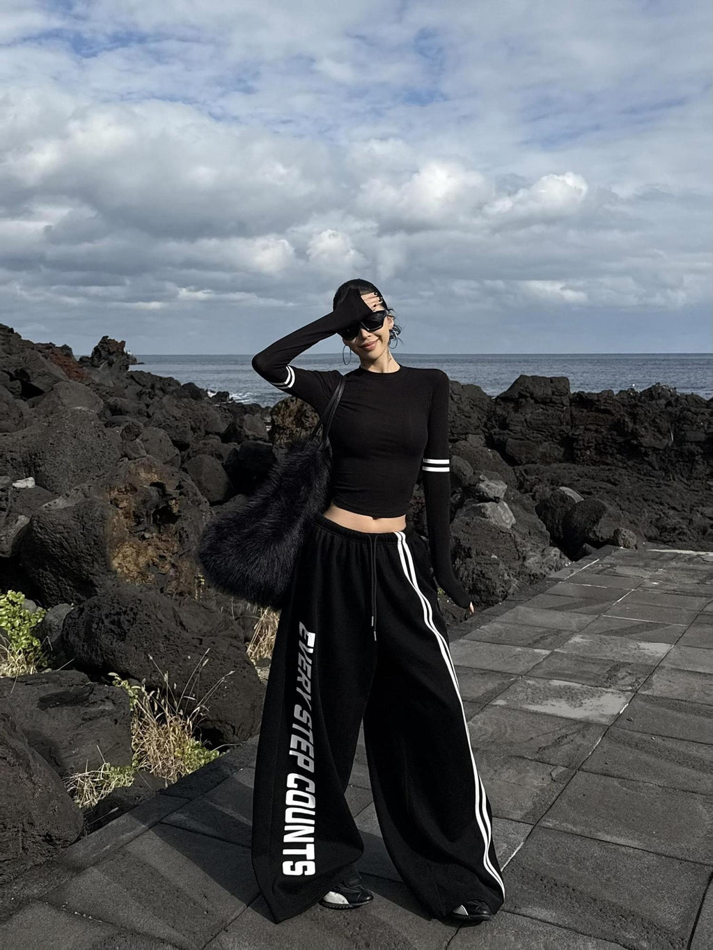 ZERO Soft Lyocell Knit Long Sleeve Slim Casual Women Black Basic Crop Tops