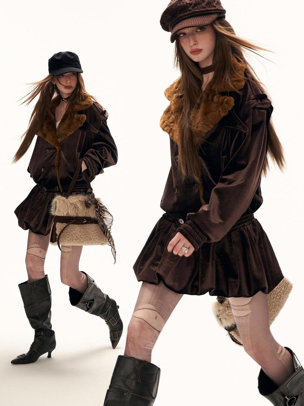 MAMC Cinched Waist Vintage Double Breasted Button Long Sleeve Brown Mini Dresses
