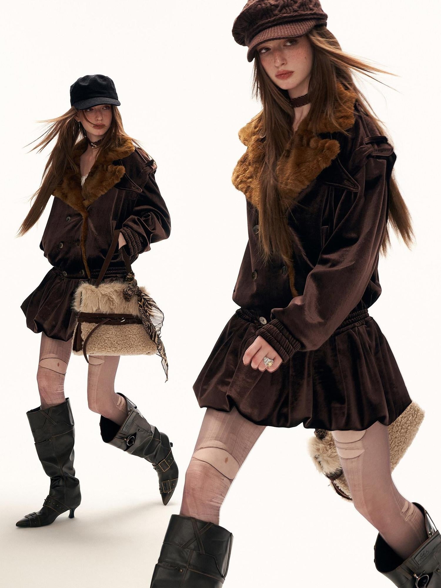 MAMC Cinched Waist Vintage Double Breasted Button Long Sleeve Brown Mini Dresses