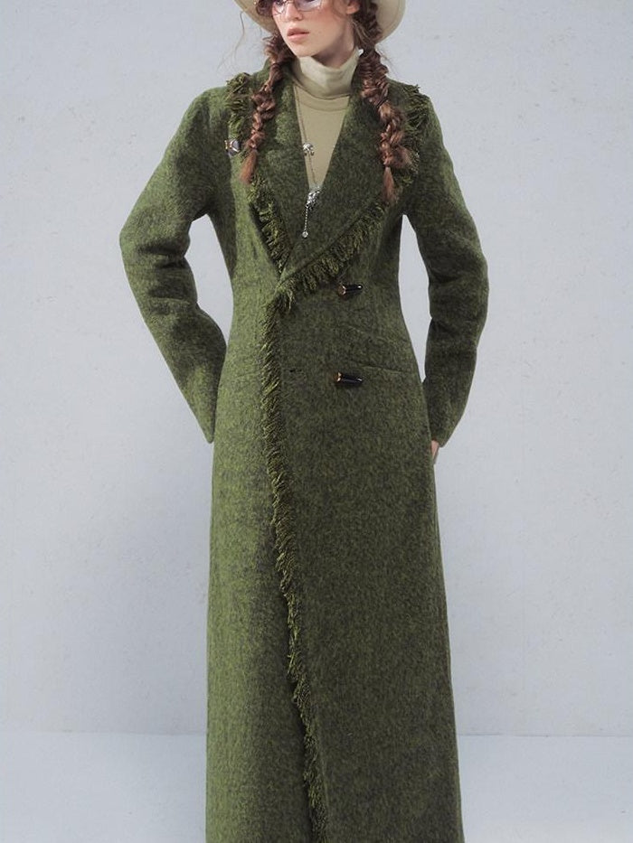 OfAkiva Vintage Slim Wool V-neck Drop Shoulder Single Breasted Women Long Coats