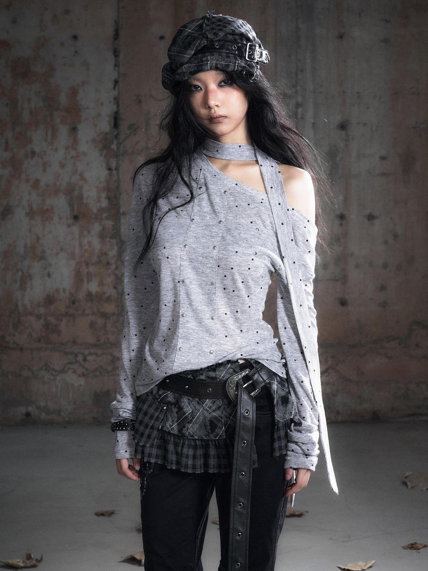 Cest Nous Punk Polka Dot Long Sleeve Asymmetric Women Poly Blend Offshouldercroptops