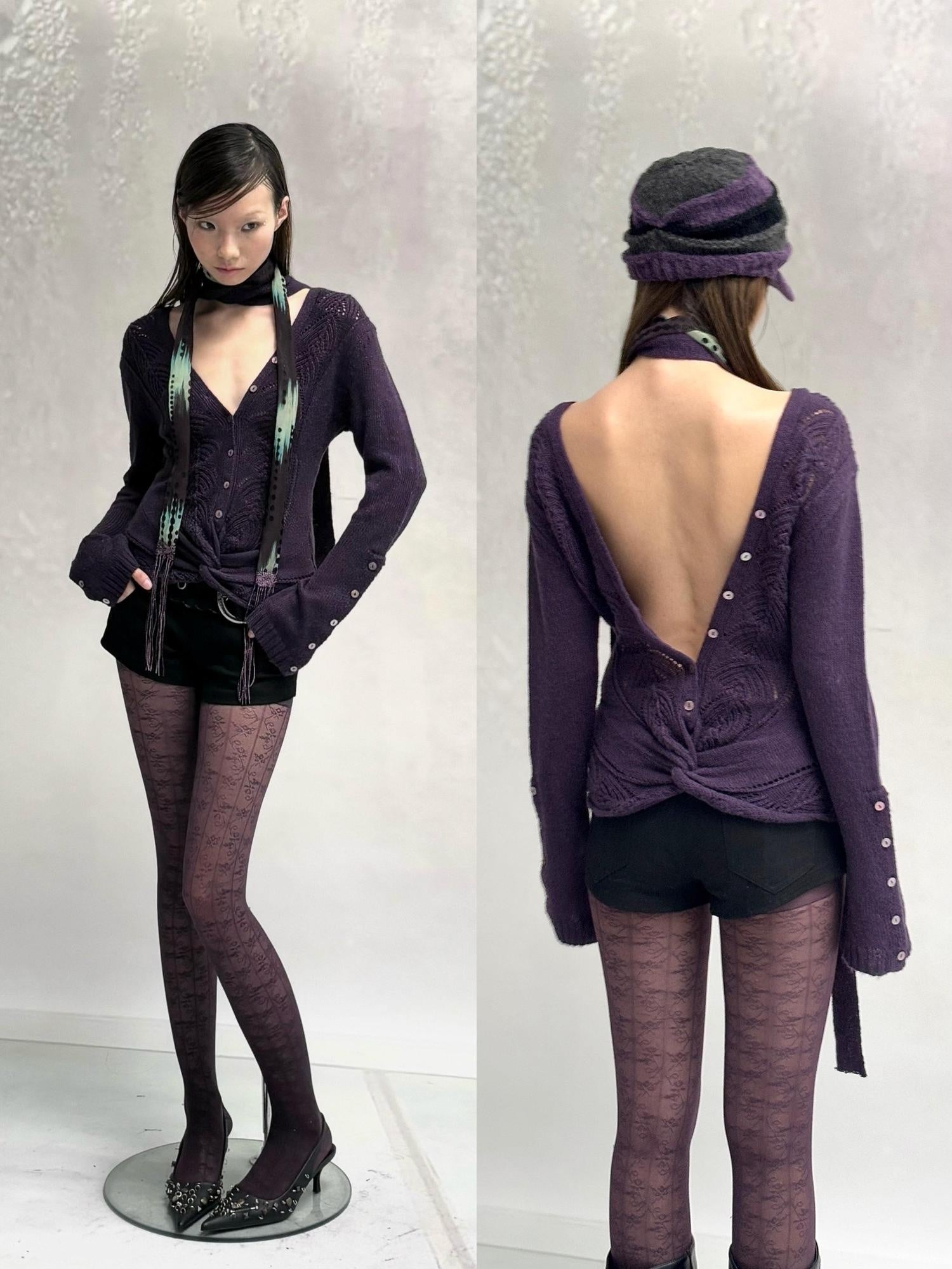 Flowers birds Market Backless V-neck Slim Fit Striped Women Cotton Knit Longsleeve Cardigans