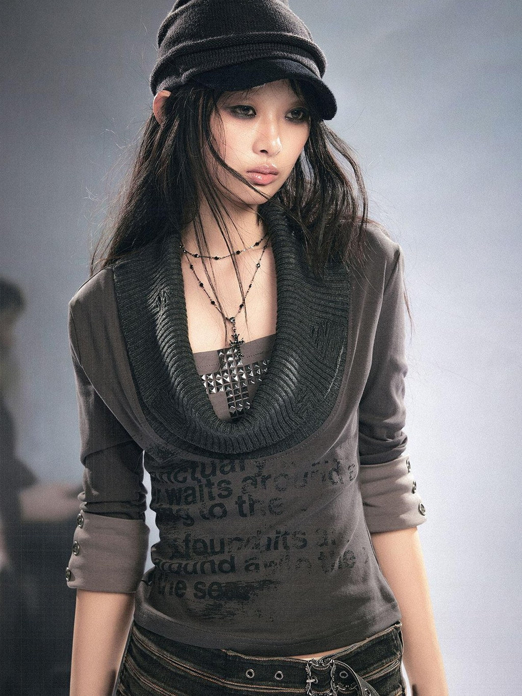 Cest Nous Soft Cotton Ripped Punk Slim Fit Collared Letter Print Women Knitwear