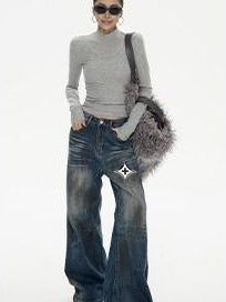 ZERO Rhinestone Street Slim High Neck Lyocell Knit Women Long Sleeve Crop Tops