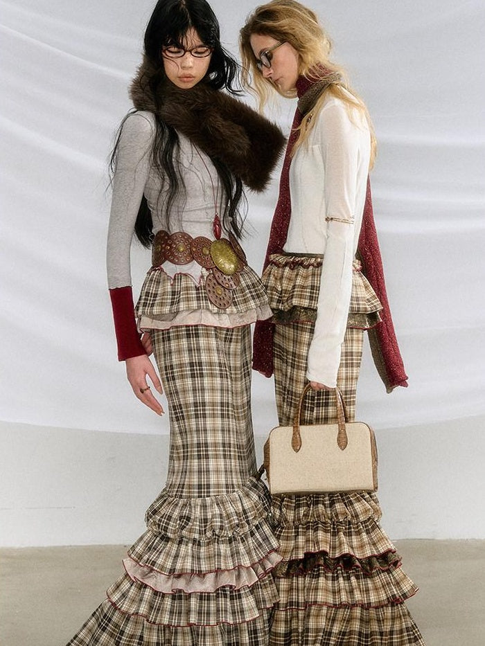 OfAkiva Pleated High Waist A Line Slim Fit City Commuter Women Plaid Maxi Skirts