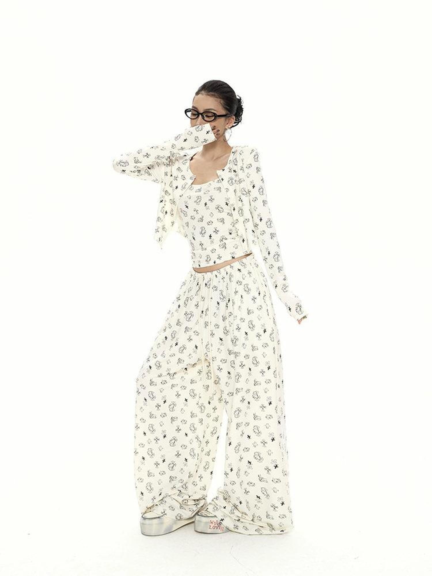 ZERO Soft Blend Printed 3Pc Casual Cardigan Vest Pants Top & Pants Sets
