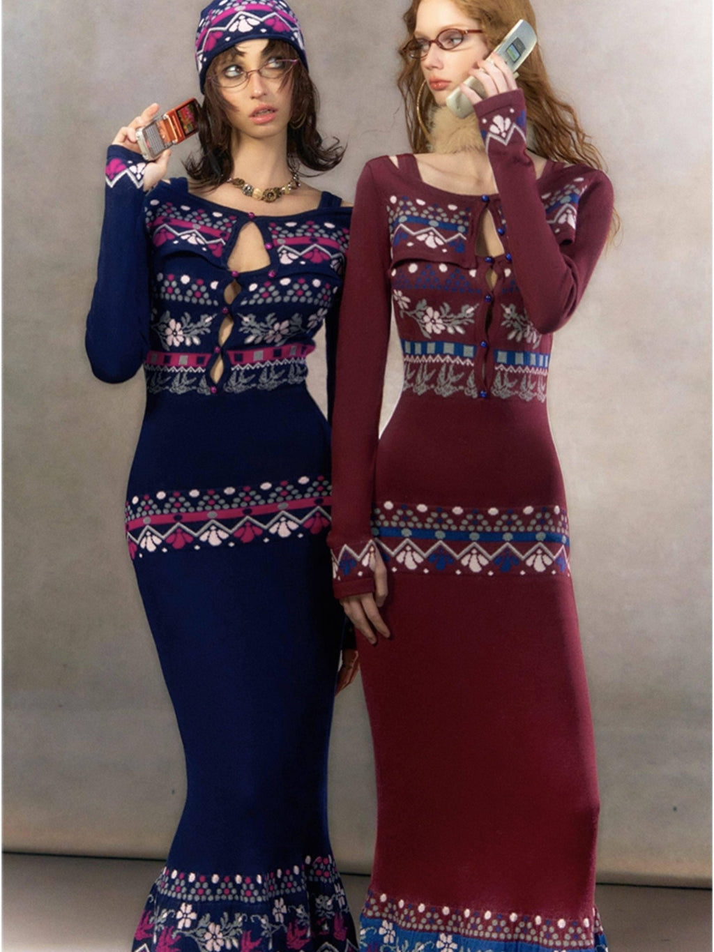 OfAkiva Elegant High Waist Knit Two Piece Mermaid Slim Long Sleeve Women Maxi Dresses