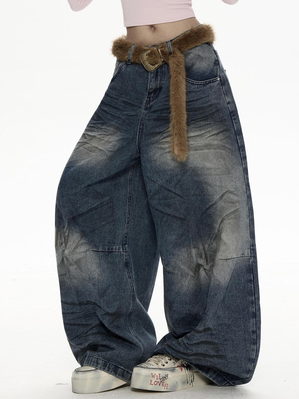 ZERO Retro Distressed Low Rise Loose Blue Denim Button Fly Womens Wide Leg Jeans