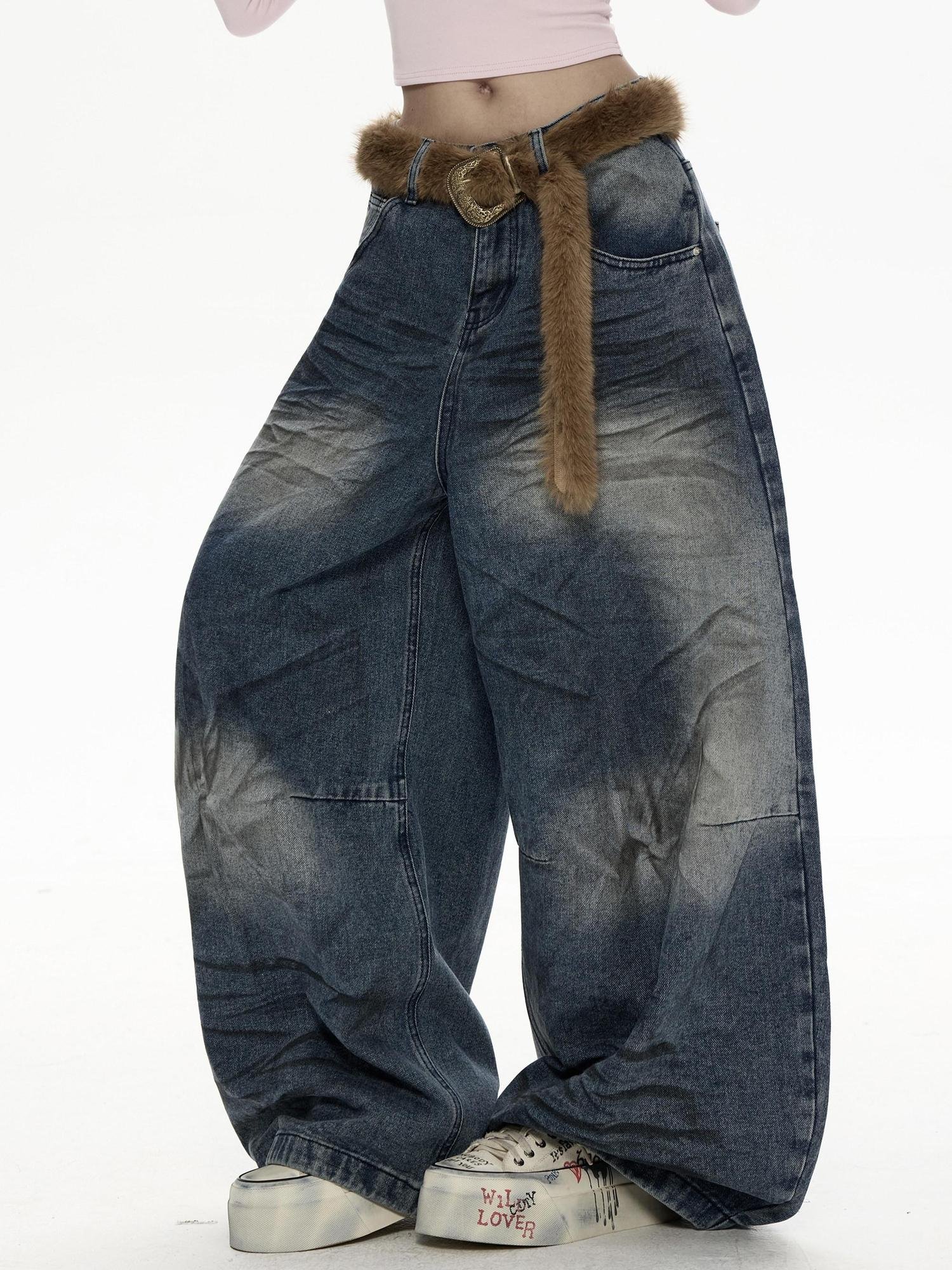 ZERO Retro Distressed Low Rise Loose Blue Denim Button Fly Womens Wide Leg Jeans