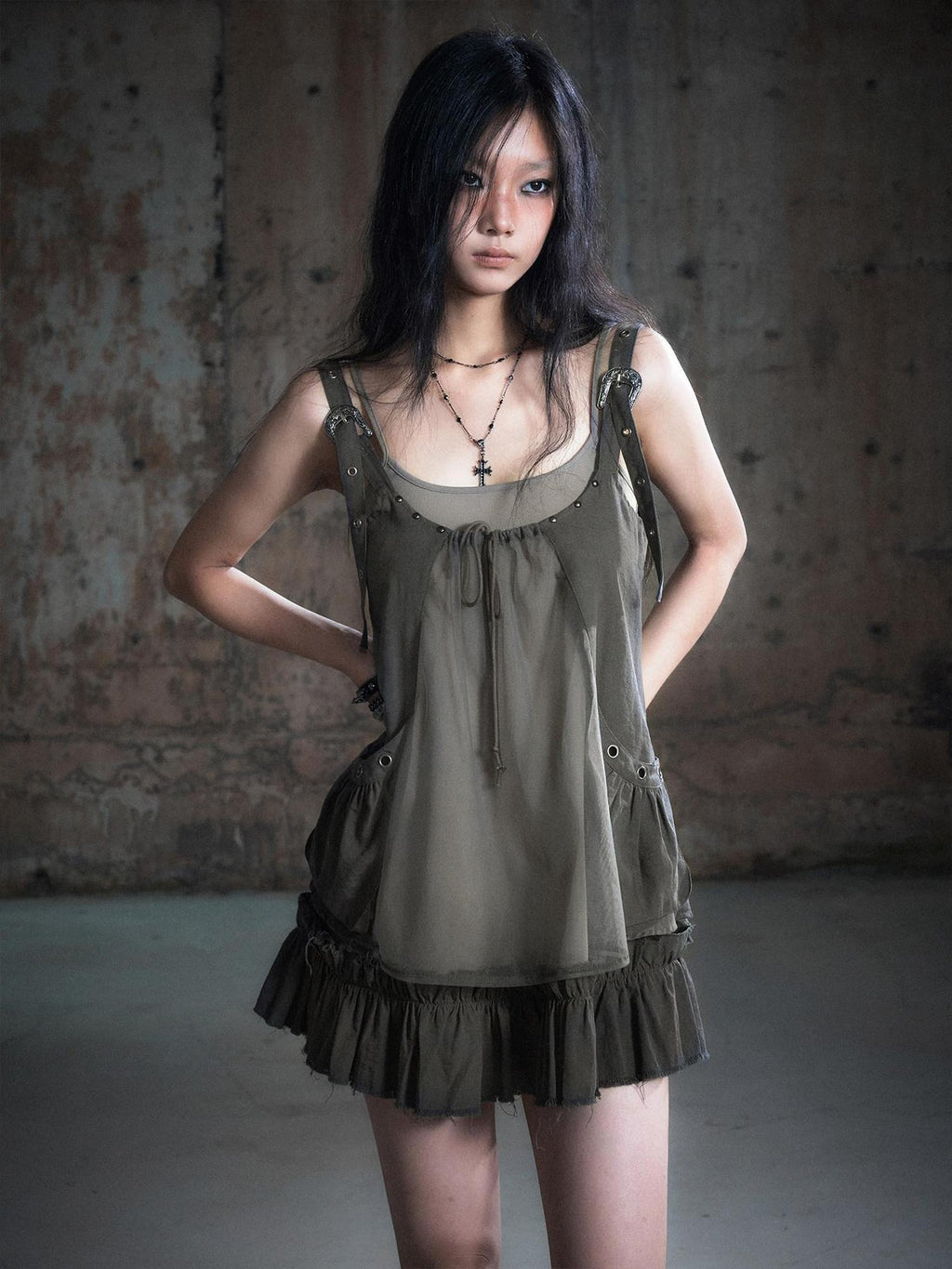 Cest Nous Micro Stretch Cotton Punk Patchwork Spaghetti Strap Everyday Minidresses