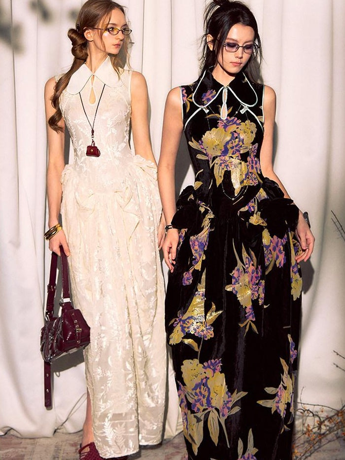 OfAkiva Elegant Chinese Style Jacquard High Waist A Line Two Piece Women Maxi Dresses