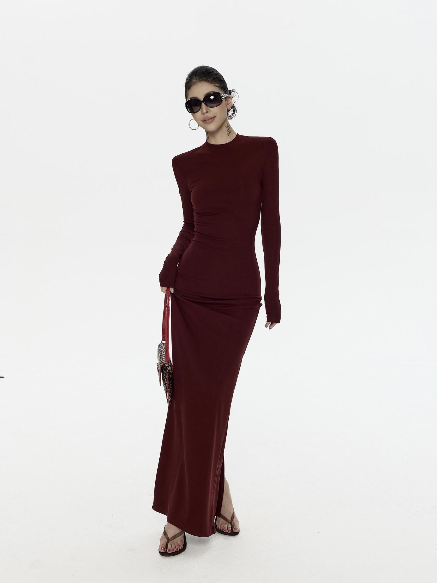 ZERO Soft Stretch Viscose T Shirt Long Sleeve Casual Deep Red Maxi Dresses