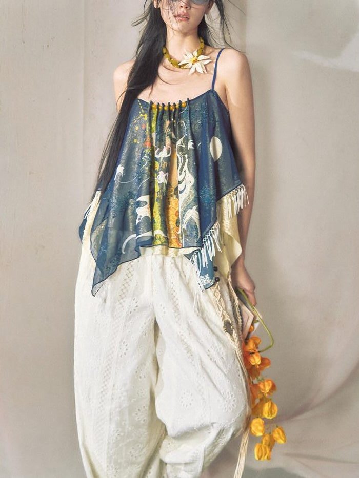 OfAkiva Lightweight Chiffon Printed Loose Fit Square Neck Mid Length Women Camisoles