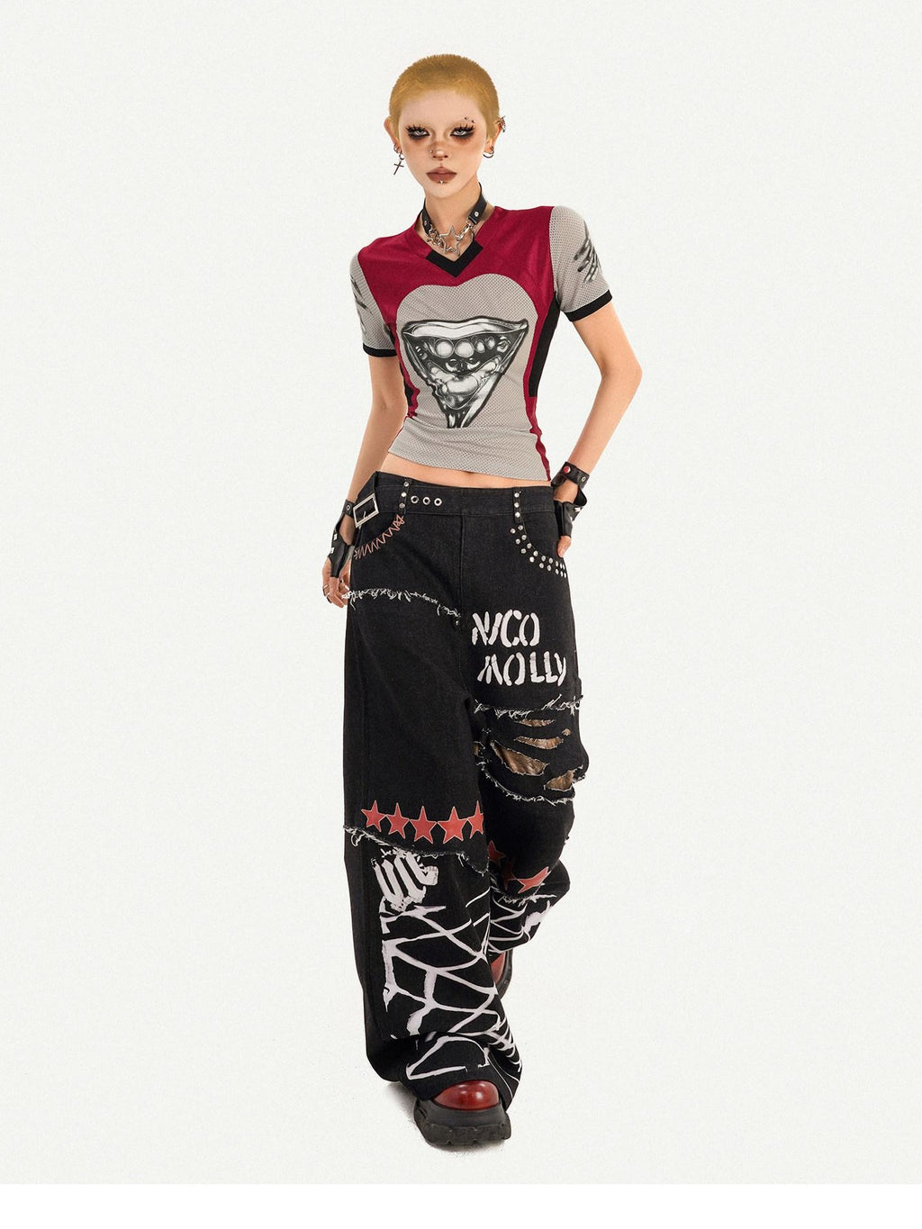 Nico Molly Ripped Natural Waist Relaxed Button Fly Letter Black Women Wide Leg Jeans