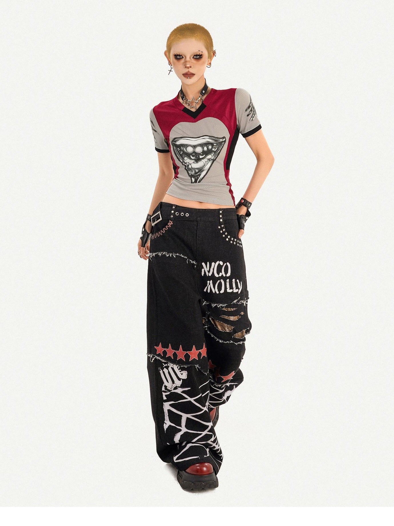 Nico Molly Ripped Natural Waist Relaxed Button Fly Letter Black Women Wide Leg Jeans