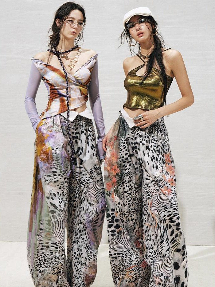 OfAkiva High Waist Leopard Print Cuffed Minimal Women Light Stretch Wide Leg Pants