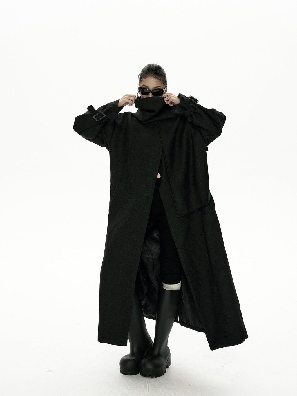 ZERO Thick Linen Belted Stand Collar Commuter For Young Women Black Long Coats