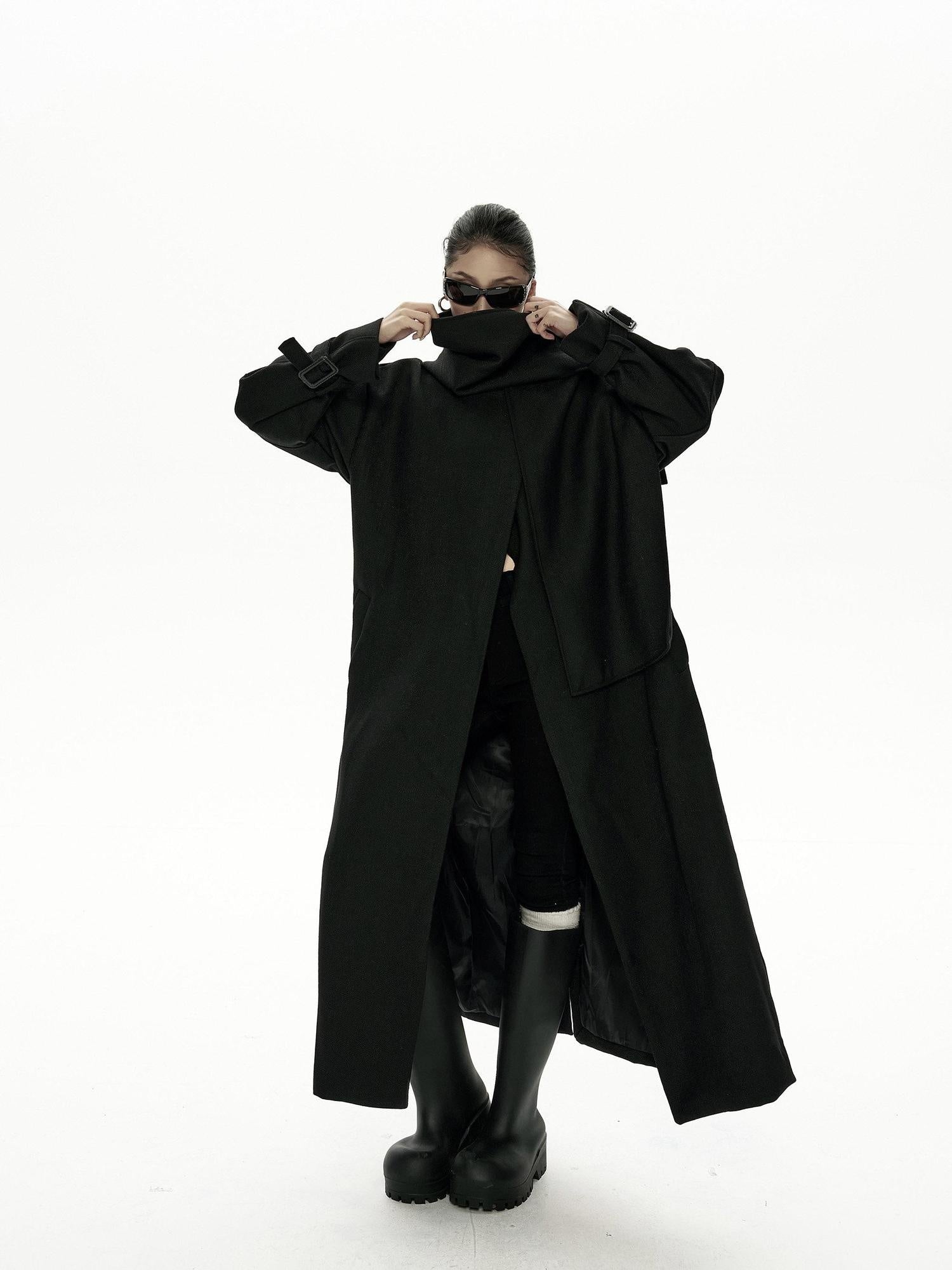 ZERO Thick Linen Belted Stand Collar Commuter For Young Women Black Long Coats