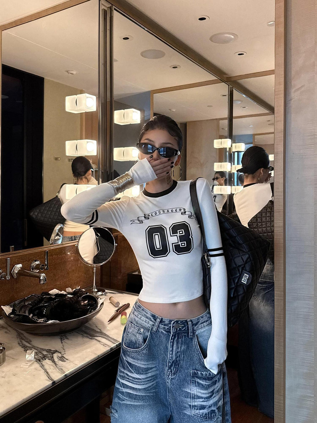 ZERO Viscose Knit Letter Print Casual Slim Fit Women Daily Long Sleeve Crop Tops