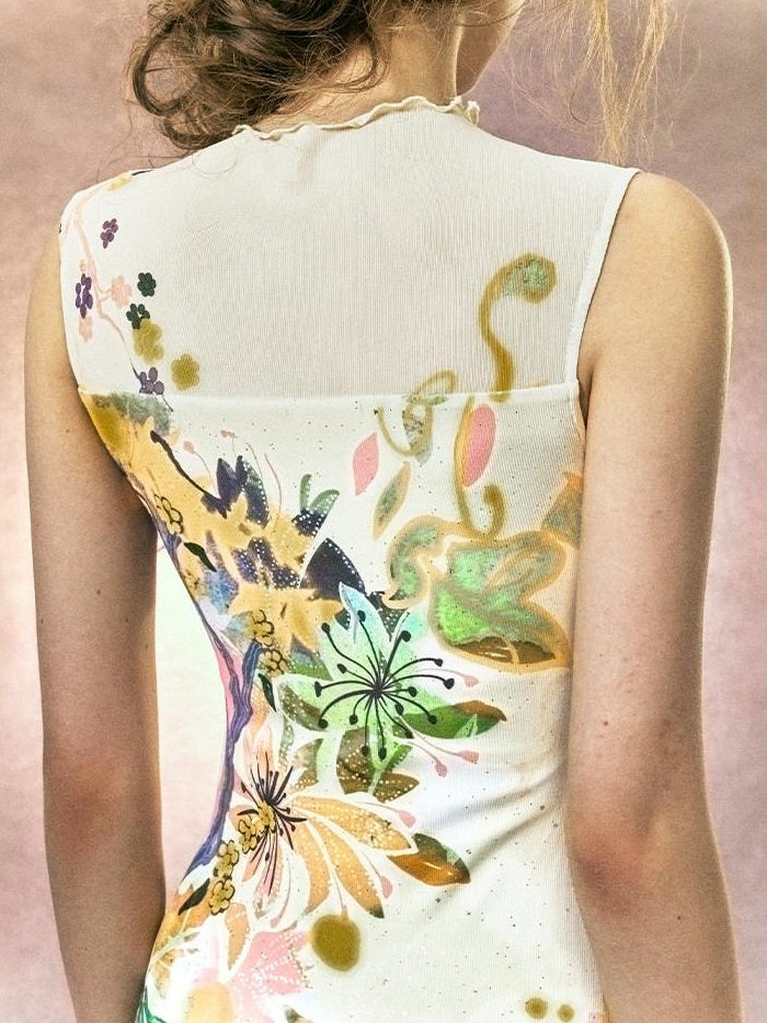 OfAkiva Floral High Waist New Chinese Cheongsam A Line Slim Sleeveless Midi Dresses