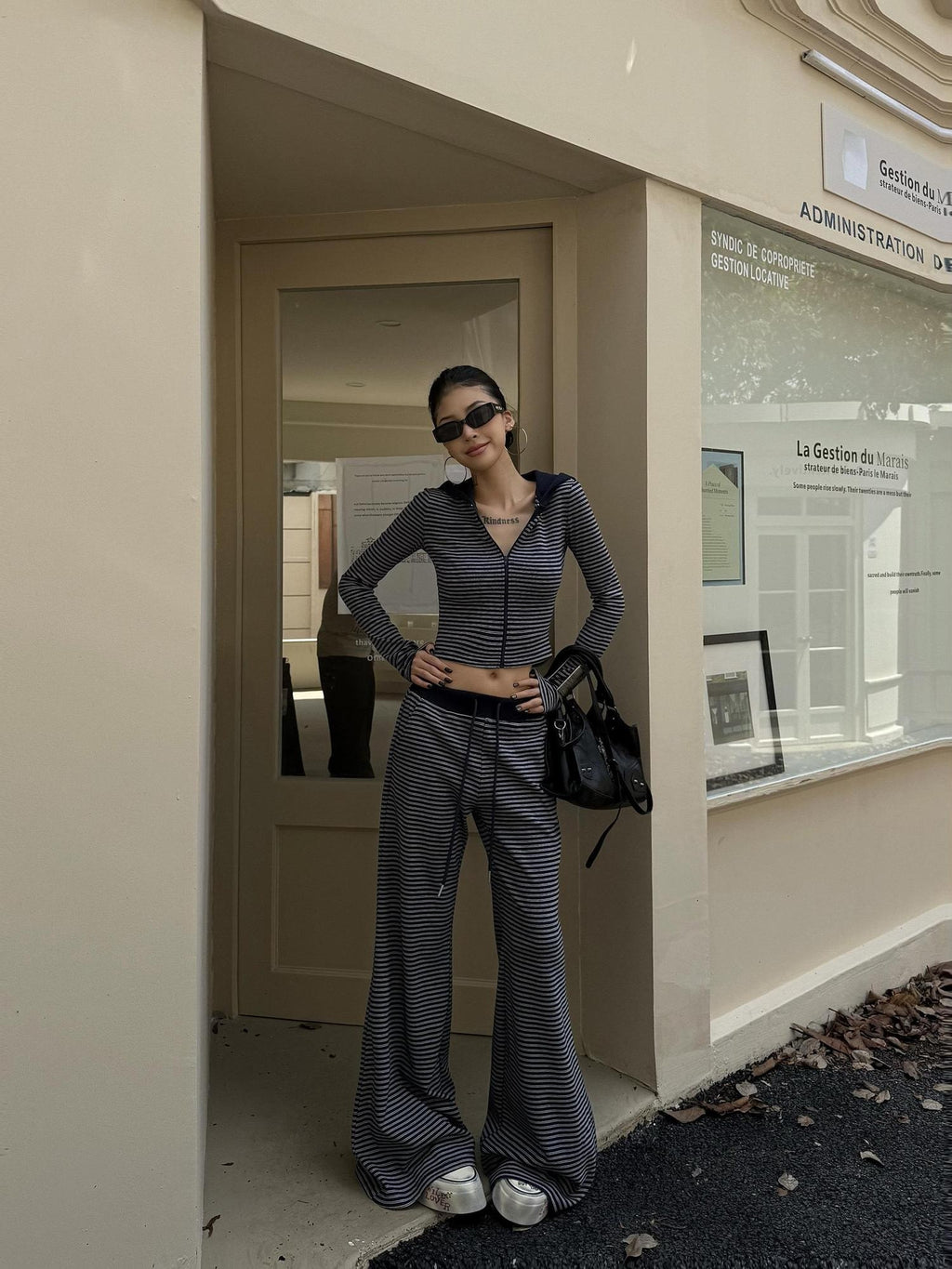 ZERO Soft Cotton Striped Crop Long Sleeve Casual Women Lounge Top & Pants Sets